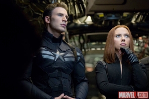 Steve Rogers/Captain America (Chris Evans) and Natasha Romanoff/Black Widow (Scarlett Johansson) in Captain America: The Winter Soldier