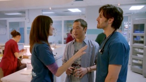 Jordan (Jill Flint), Topher (Ken Leung), and TC (Eoin Macken) in The Night Shift.